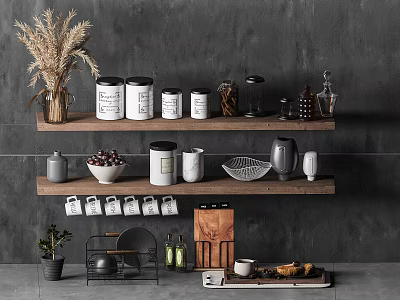 Kitchen Wooden Shelves On Gray Wall Displaying Kitchenware Jars Mugs Bowls And Cutting Board 3d model