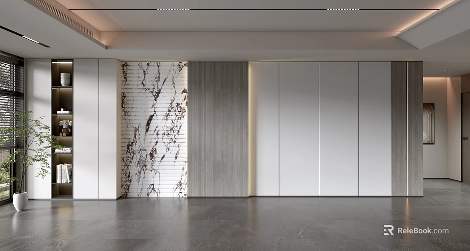 Modern Minimalist Sofa Accent Wall With Wooden Paneling Marble Inlay And White Storage Cabinets 3d model 