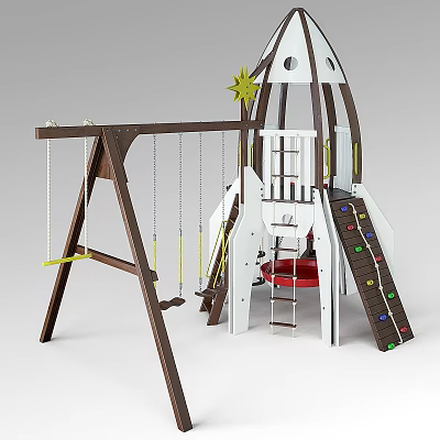 Outdoor Playground Equipment with Rocket Shaped Structure Wooden Swings Climbing Wall Slide and Star Decoration 3d model
