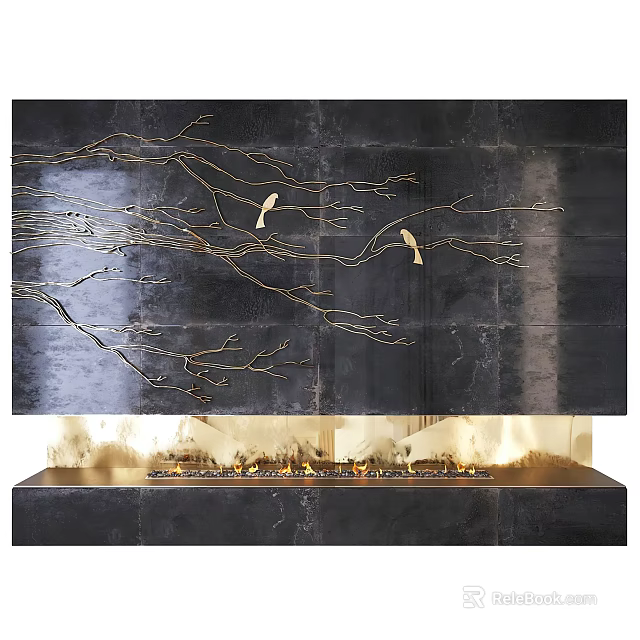 Luxury Fireplace With Golden Branches Birds Flames And Dark Marble 3d model 