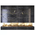 Luxury Fireplace With Golden Branches Birds Flames And Dark Marble