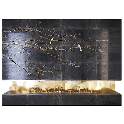 Luxury Fireplace With Golden Branches Birds Flames And Dark Marble 3d model