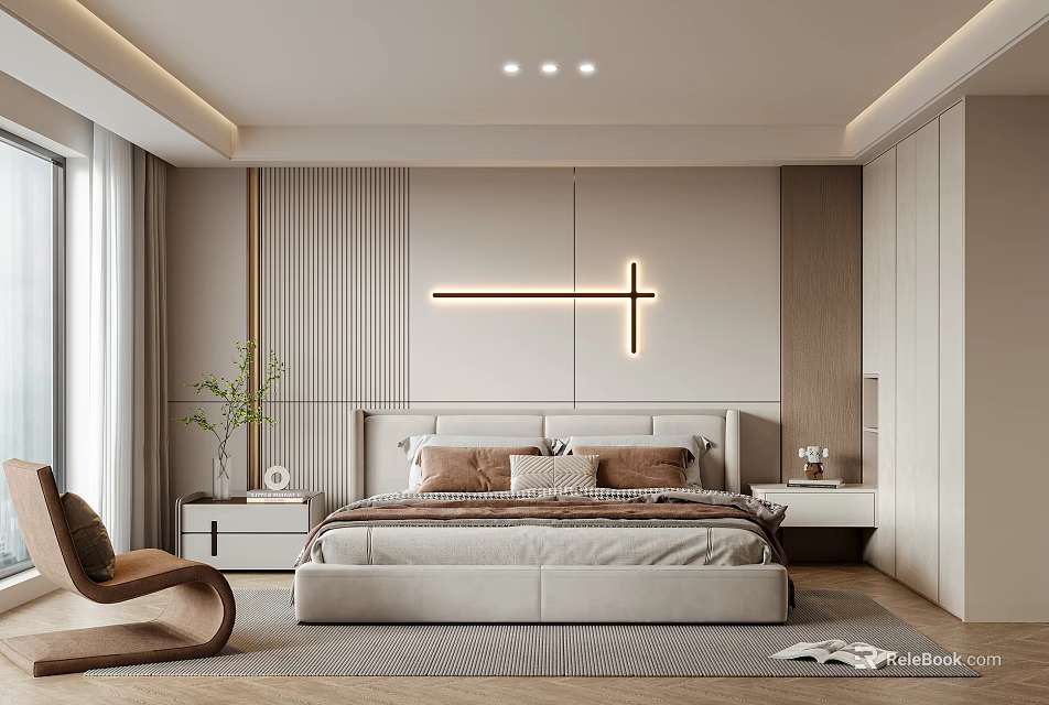 Modern Bedroom Interior With Upholstered Bed Headboard Wall Lighting Nightstands Plant And Area Rug 3d model 