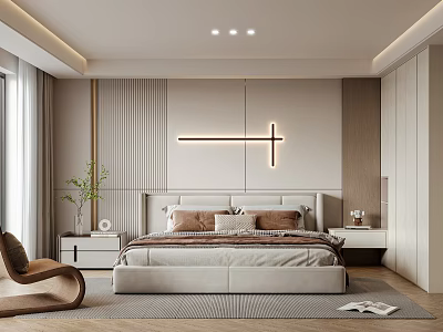 Modern Bedroom Interior With Upholstered Bed Headboard Wall Lighting Nightstands Plant And Area Rug 3d model