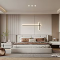 Modern Bedroom Interior With Upholstered Bed Headboard Wall Lighting Nightstands Plant And Area Rug