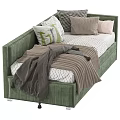 Cozy Upholstered Kids Bed in Green and Grey with Soft Pillows and Blankets