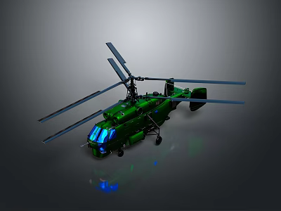 Green Military Helicopter Model With Rotor Blades And Blue Lights 3d model