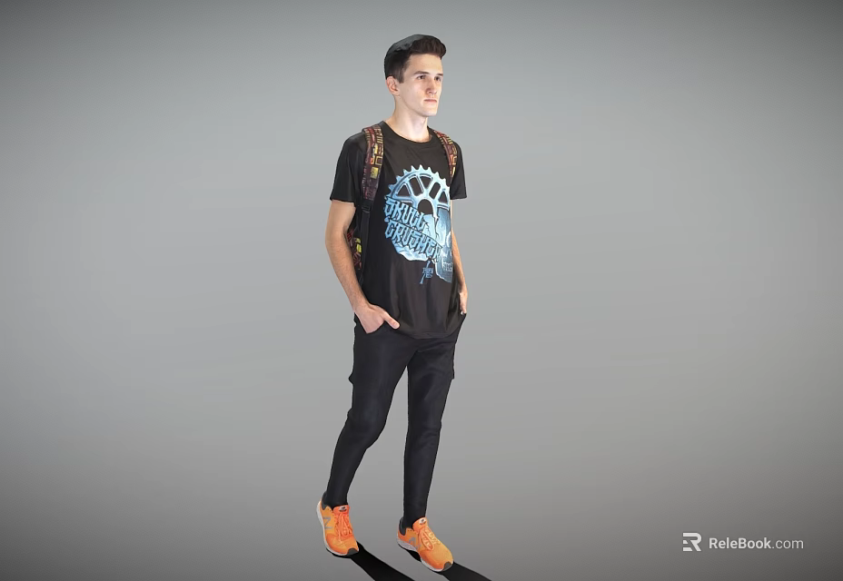 Man in black T-shirt with blue graphic wearing backpack black pants and orange shoes on gray background 3d model 