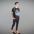 Man in black T-shirt with blue graphic wearing backpack black pants and orange shoes on gray background