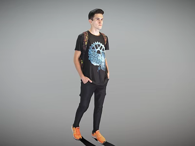 Man in black T-shirt with blue graphic wearing backpack black pants and orange shoes on gray background 3d model
