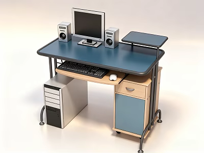Modern Home Office Desk With Computer Monitor Speakers Keyboard Mouse And CPU Tower 3d model