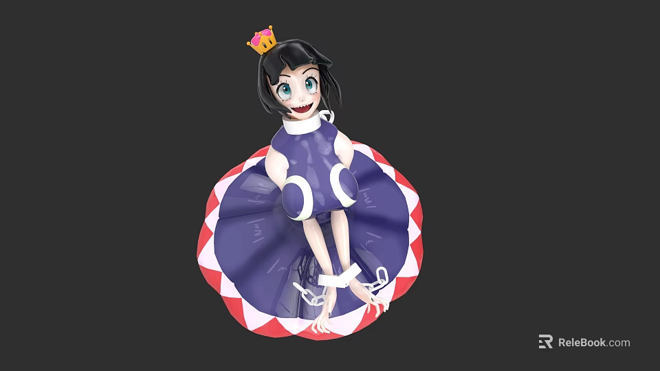 Cute Cartoon Girl Character With Crown Purple Dress And Red White Patterned Hem 3d model 