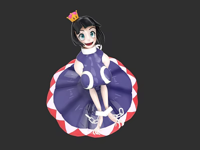 Cute Cartoon Girl Character With Crown Purple Dress And Red White Patterned Hem 3d model