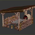 Wooden Outdoor Structure with Rustic Roof Firewood Stack Brick Oven and Bench