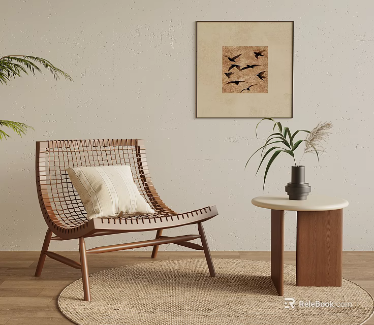 Woven Rattan Leisure Chair with Beige Cushion Wooden Frame and Side Table Plant Vase 3d model 