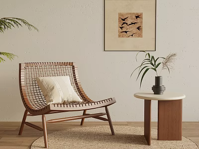 Woven Rattan Leisure Chair with Beige Cushion Wooden Frame and Side Table Plant Vase 3d model