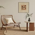Woven Rattan Leisure Chair with Beige Cushion Wooden Frame and Side Table Plant Vase