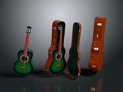 Acoustic Guitar With Open Closed And Unfolded Brown Green Cases On Dark Background 3d model
