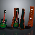Acoustic Guitar With Open Closed And Unfolded Brown Green Cases On Dark Background