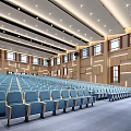 Large Modern Conference Room Interior With Rows of Seats Front Projection Screen and Side Windows