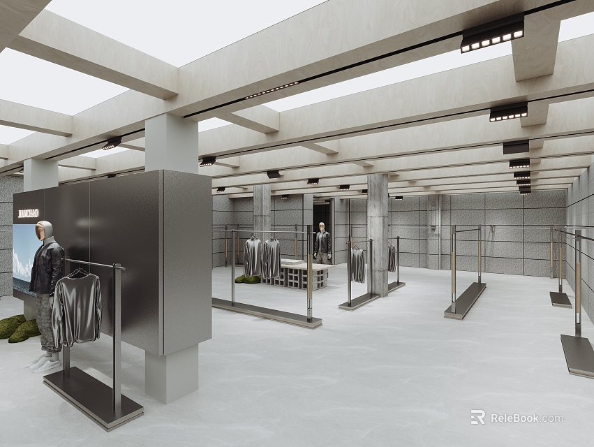 Spacious Modern Clothing Store Interior With Hanging Clothes Display Racks And Mannequins 3d model 