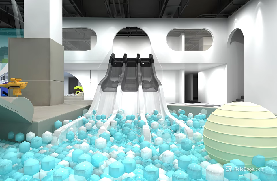 Fun Indoor Playground With Double Slides Blue White Ball Pit And Arched Structures 3d model 