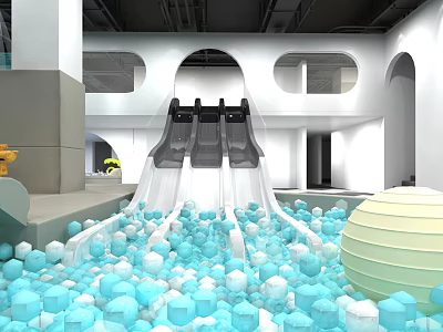 Fun Indoor Playground With Double Slides Blue White Ball Pit And Arched Structures 3d model
