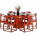 Mahogany Round Dining Table Set With Six Chairs Flower Vase And Tableware 3d model