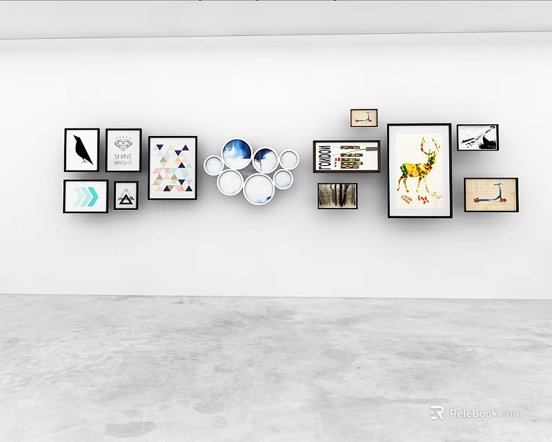 Creative Plate Decoration Arrangement On Wall With Circular And Framed Decor Pieces 3d model 