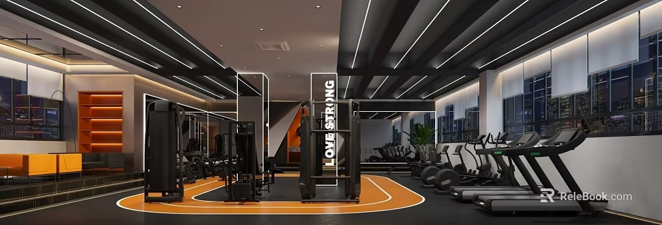 Modern Fitness Gym Interior Featuring LOWESTRONG Equipment Treadmills Dumbbells And Bright Lighting 3d model 