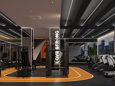 Modern Fitness Gym Interior Featuring LOWESTRONG Equipment Treadmills Dumbbells And Bright Lighting 3d model