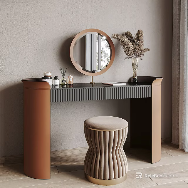 Elegant Modern Dressing Table With Round Mirror Stool And Dried Flowers Vase 3d model