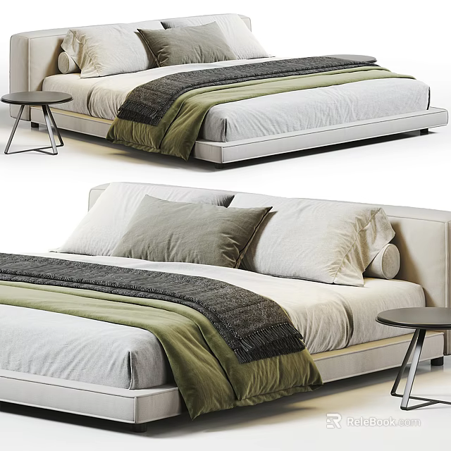 Modern Double Bed With Gray And Green Blanket And Pillows And Side Table 3d model 