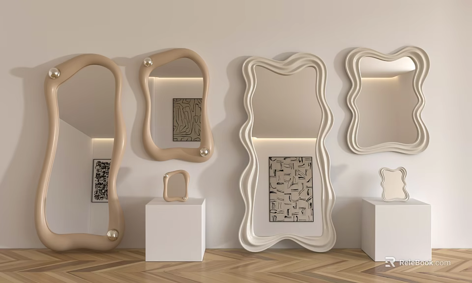 Modern Mirrors in Various Shapes with Beige White Tones and Decorative Patterns on Wall 3d model 
