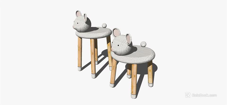 Adorable Animal Shaped Kids Chair With Rabbit Pig Design Grey Seat And Wooden Legs 3d model 