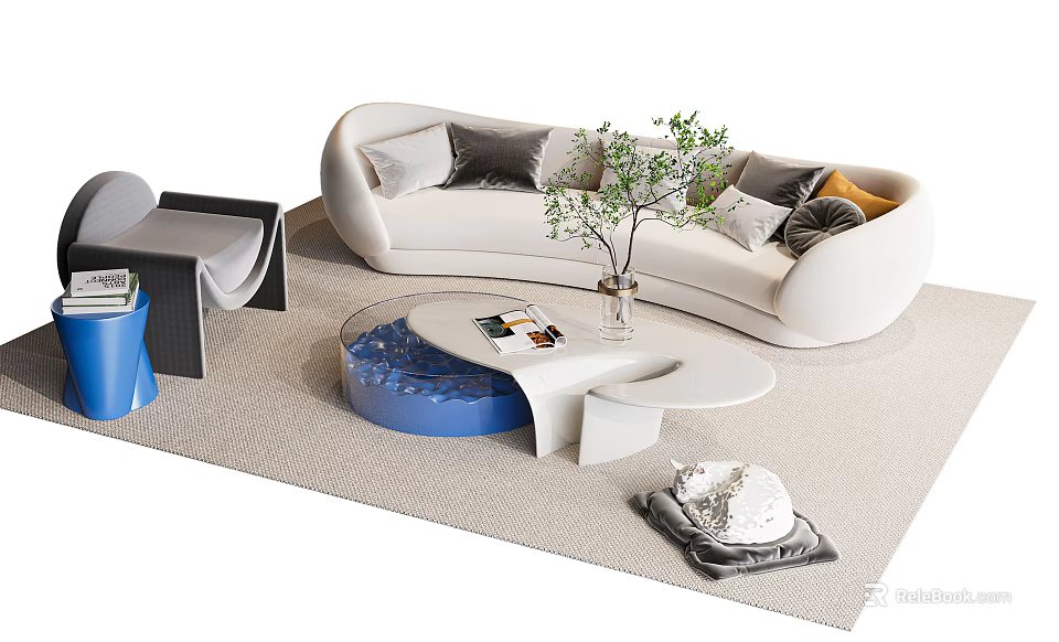 Modern White Curved Sofa With Colorful Cushions And Round Coffee Table Set With Green Plant 3d model 