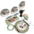Decorative Horse Pattern Dinnerware Set With Plates Cups Utensils And Green Accents 3d model