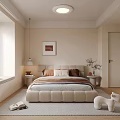 Modern Bedroom Interior With Beige Bed Cushions Nightstands Lamp Window Blinds And Wooden Floor