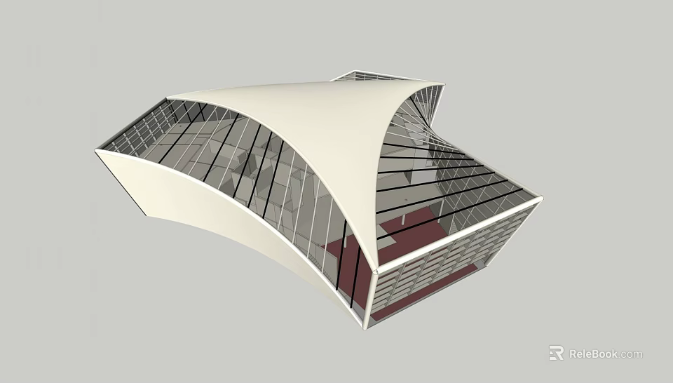 Modern Cultural Center With Curved White Roof Large Glass Windows And Red Interior Elements 3d model 