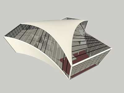 Modern Cultural Center With Curved White Roof Large Glass Windows And Red Interior Elements 3d model