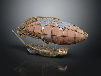Vintage Steampunk Aerospace Airship Featuring Golden Frame Brown Envelope And Small Cabin 3d model