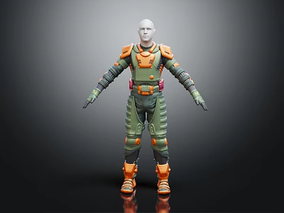 Detailed Futuristic Armored Humanoid Character With Green And Orange Exoskeleton Suit Design 3d model
