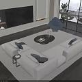 Modern White Sofa and Round Coffee Table Set with Throw Pillows in Spacious Living Area