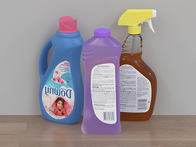 Household Laundry Cleaning Supplies With Blue Purple Brown Detergent And Spray Bottles 3d model