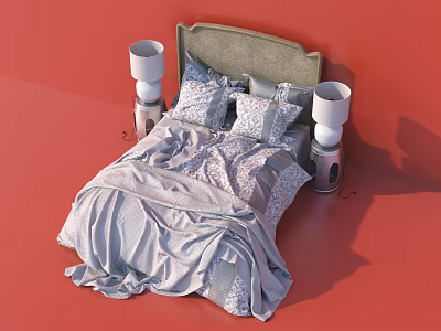 Gray Headboard Double Bed with Patterned Bedspread Pillows and White Table Lamps on Red Background 3d model