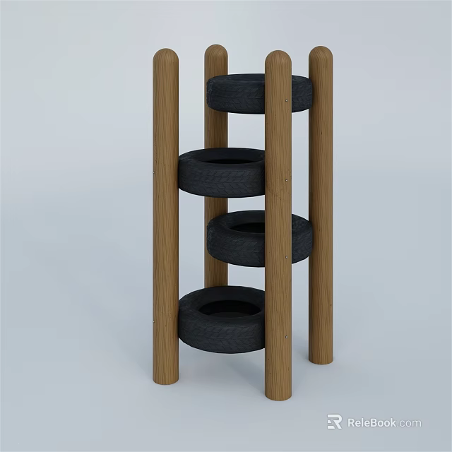 Playground Equipment with Wooden Poles and Stacked Tires Climbing Structure for Kids 3d model 