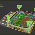 Modern Football Stadium with Green Pitch Orange Stands and Floodlights