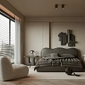 Modern Bedroom Interior With Gray Bed Curved Headboard Abstract Wall Art And Accent Chair