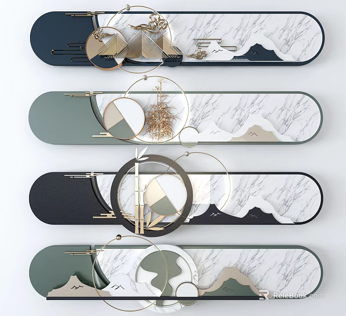 Long Strip Wall Decor with Multi Colored Marble Pattern Geometric Circles and Mountain Designs 3d model