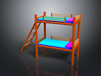 Colorful Wooden Bunk Bed With Orange Frame Blue Pink Mattresses And Ladder 3d model